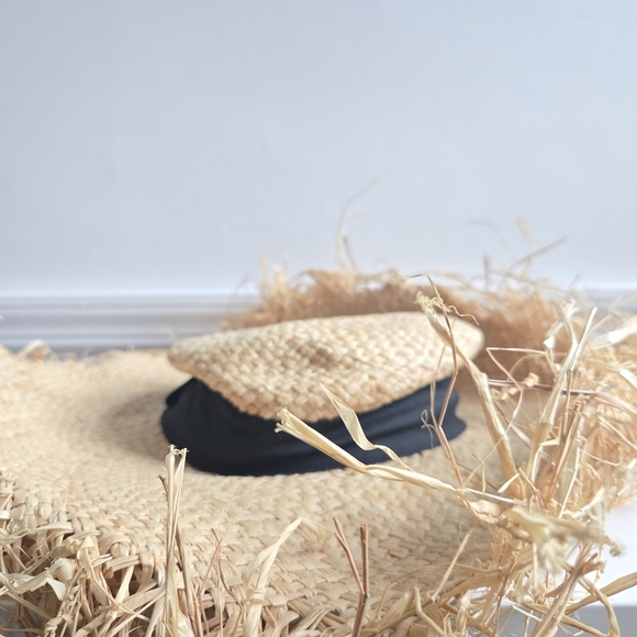 Nordstrom Brand Straw Fringe Black Trim Adjustable Hat One Size - Picture 3 of 8